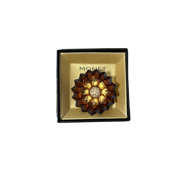 New in Box Signed Monet Topaz & Gold Tone Flower Statement Pin Brooch Rhinestone - Picture 2 of 4